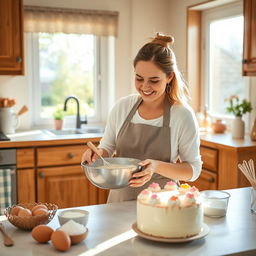 A woman baking a cake in a cozy, ordinary kitchen