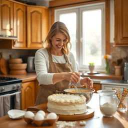 A woman baking a cake in a cozy, ordinary kitchen