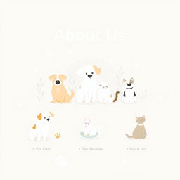 A minimalistic yet warm illustration for a pet services website's "About Us" page, featuring happy and healthy dogs and cats surrounded by natural elements like soft plants and whimsical trees