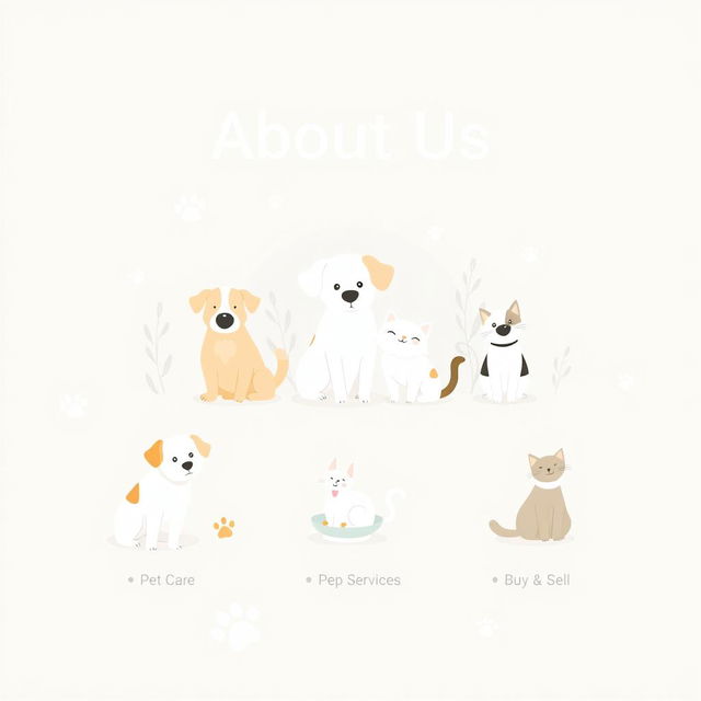 A minimalistic yet warm illustration for a pet services website's "About Us" page, featuring happy and healthy dogs and cats surrounded by natural elements like soft plants and whimsical trees