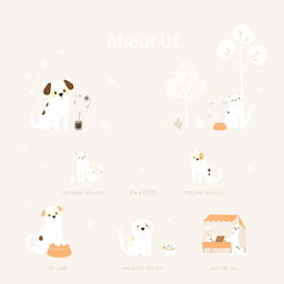 A minimalistic yet warm illustration for a pet services website's "About Us" page, featuring happy and healthy dogs and cats surrounded by natural elements like soft plants and whimsical trees