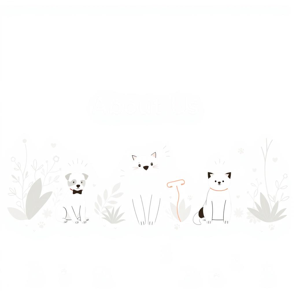 A minimalistic yet warm illustration for a pet services website's "About Us" page, featuring happy and healthy dogs and cats surrounded by natural elements like soft plants and whimsical trees