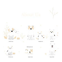 A minimalistic yet warm illustration for a pet services website's "About Us" page, featuring happy and healthy dogs and cats surrounded by natural elements like soft plants and whimsical trees