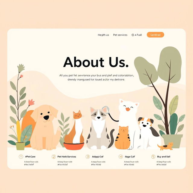 An illustration for a website's 'About Us' page focused on pet services, designed with a minimalistic yet warm aesthetic