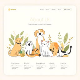 An illustration for a website's 'About Us' page focused on pet services, designed with a minimalistic yet warm aesthetic