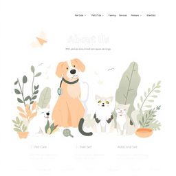 An illustration for a website's 'About Us' page focused on pet services, designed with a minimalistic yet warm aesthetic