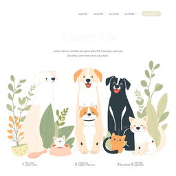 An illustration for a website's 'About Us' page focused on pet services, designed with a minimalistic yet warm aesthetic