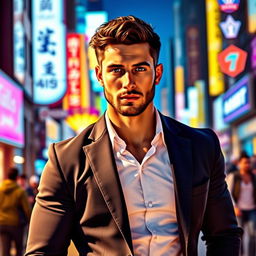 A detailed portrait of a male figure with an athletic build, standing confidently against a vibrant city backdrop