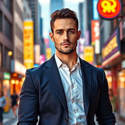 A detailed portrait of a male figure with an athletic build, standing confidently against a vibrant city backdrop