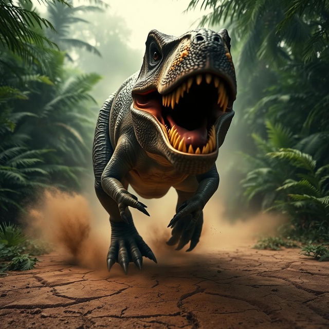 A ferocious T-Rex running directly towards the viewer, its mouth wide open, revealing sharp teeth