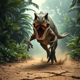 A ferocious T-Rex running directly towards the viewer, its mouth wide open, revealing sharp teeth