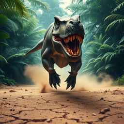 A ferocious T-Rex running directly towards the viewer, its mouth wide open, revealing sharp teeth