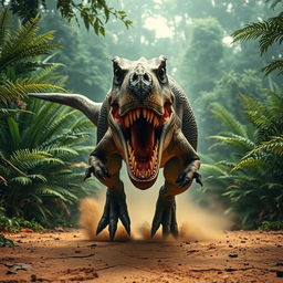 A ferocious T-Rex running directly towards the viewer, its mouth wide open, revealing sharp teeth