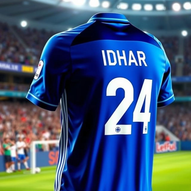 A football jersey with the name 'GIRIDHAR' printed on the back and the number '24' beneath it, featuring a vibrant blue color as the primary background