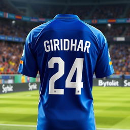 A football jersey with the name 'GIRIDHAR' printed on the back and the number '24' beneath it, featuring a vibrant blue color as the primary background