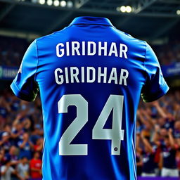 A football jersey with the name 'GIRIDHAR' printed on the back and the number '24' beneath it, featuring a vibrant blue color as the primary background