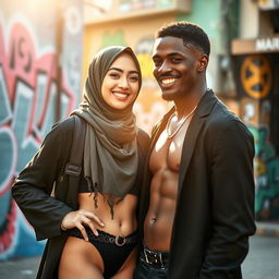 An intimate scene featuring a beautiful Asian girl wearing a hijab, stylishly combining her cultural attire with modern fashion elements, including a G-string
