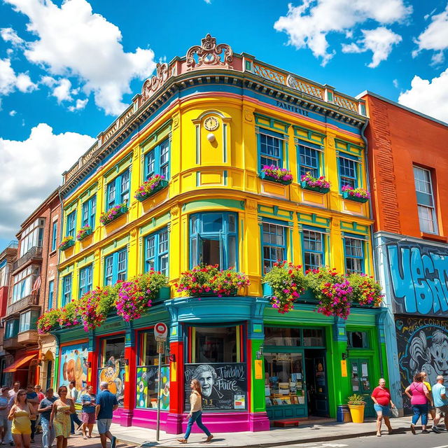 A vibrant and colorful urban building, richly painted with a variety of bright hues such as electric blue, sunny yellow, rich red, and lush green