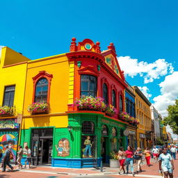 A vibrant and colorful urban building, richly painted with a variety of bright hues such as electric blue, sunny yellow, rich red, and lush green