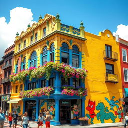A vibrant and colorful urban building, richly painted with a variety of bright hues such as electric blue, sunny yellow, rich red, and lush green