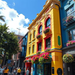 A vibrant and colorful urban building, richly painted with a variety of bright hues such as electric blue, sunny yellow, rich red, and lush green