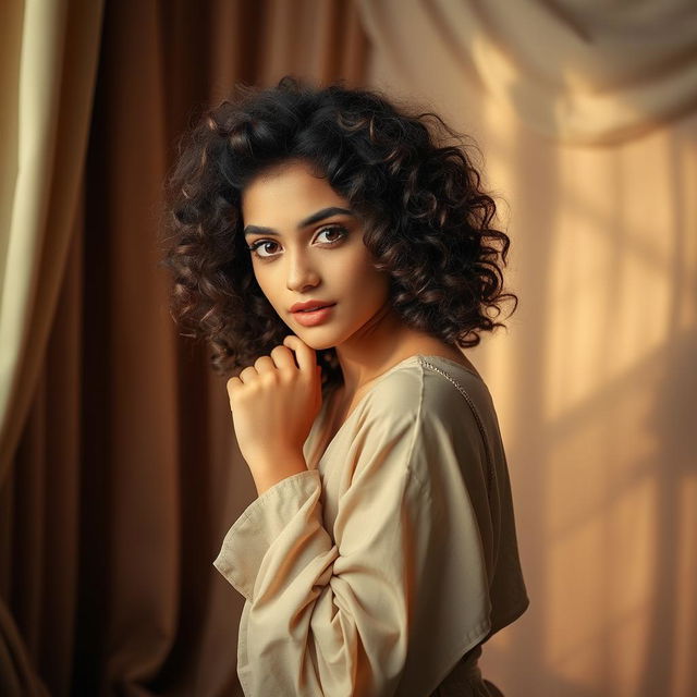 A beautiful Arab girl with stunning curly hair, posing gracefully in an artistic manner that highlights her beauty