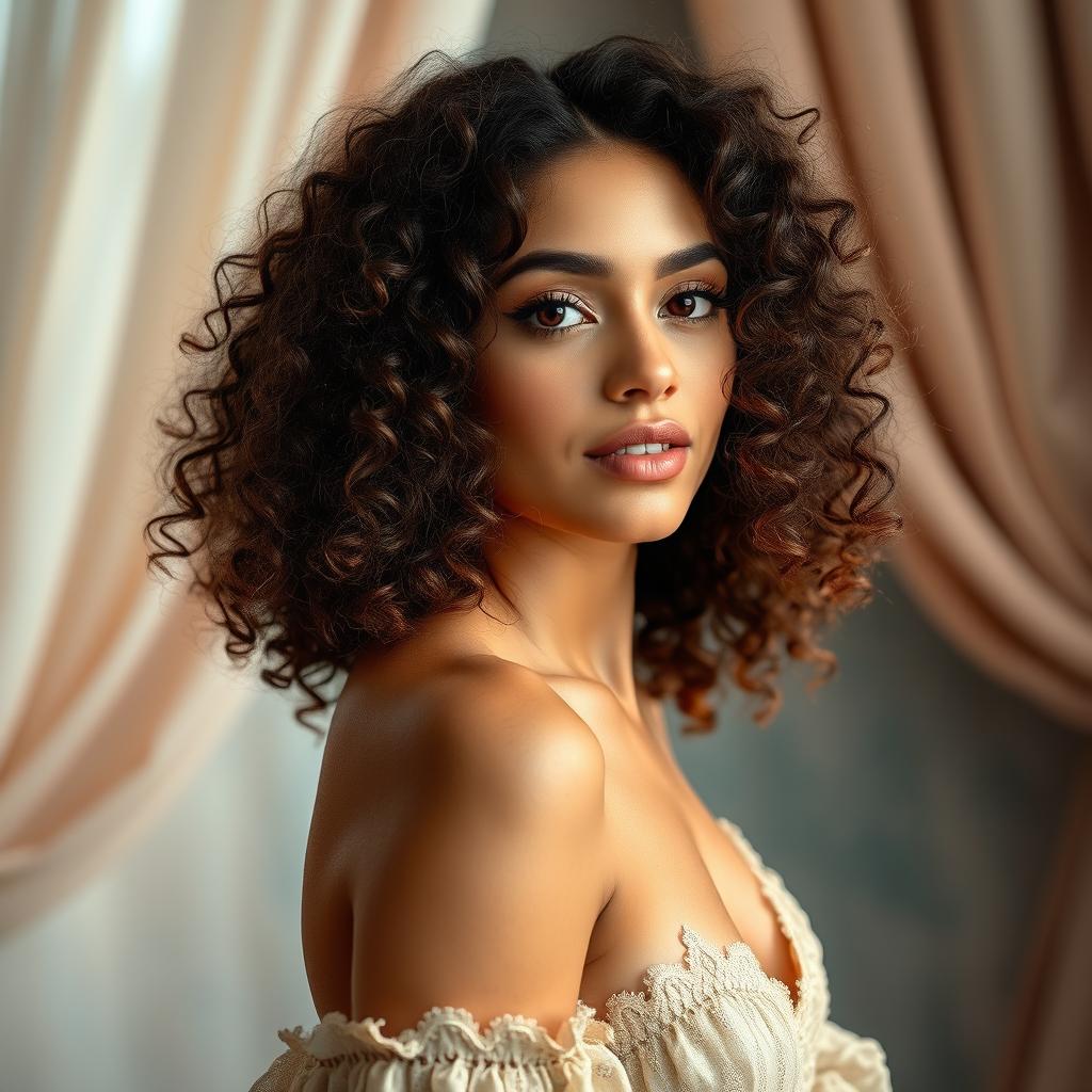 A beautiful Arab girl with stunning curly hair, posing gracefully in an artistic manner that highlights her beauty