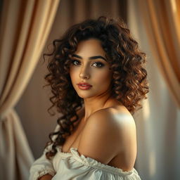 A beautiful Arab girl with stunning curly hair, posing gracefully in an artistic manner that highlights her beauty