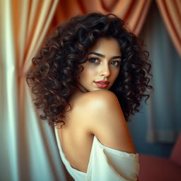 A beautiful Arab girl with stunning curly hair, posing gracefully in an artistic manner that highlights her beauty