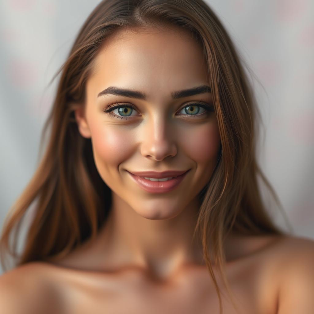 A portrait of a serene woman with soft and creamy skin that glows, showcasing a gentle smile and warm, inviting eyes