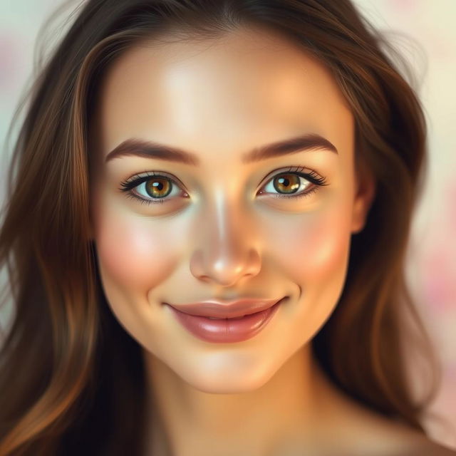 A portrait of a serene woman with soft and creamy skin that glows, showcasing a gentle smile and warm, inviting eyes