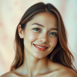 A portrait of a serene woman with soft and creamy skin that glows, showcasing a gentle smile and warm, inviting eyes