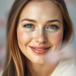 A portrait of a serene woman with soft and creamy skin that glows, showcasing a gentle smile and warm, inviting eyes