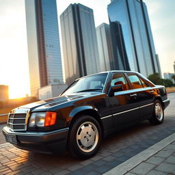 A 1990-1993 Mercedes-Benz E230, sleek and elegant business car, parked in a luxurious urban setting