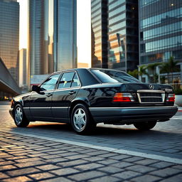 A 1990-1993 Mercedes-Benz E230, sleek and elegant business car, parked in a luxurious urban setting