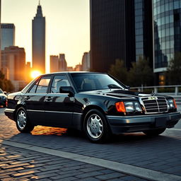 A 1990-1993 Mercedes-Benz E230, sleek and elegant business car, parked in a luxurious urban setting