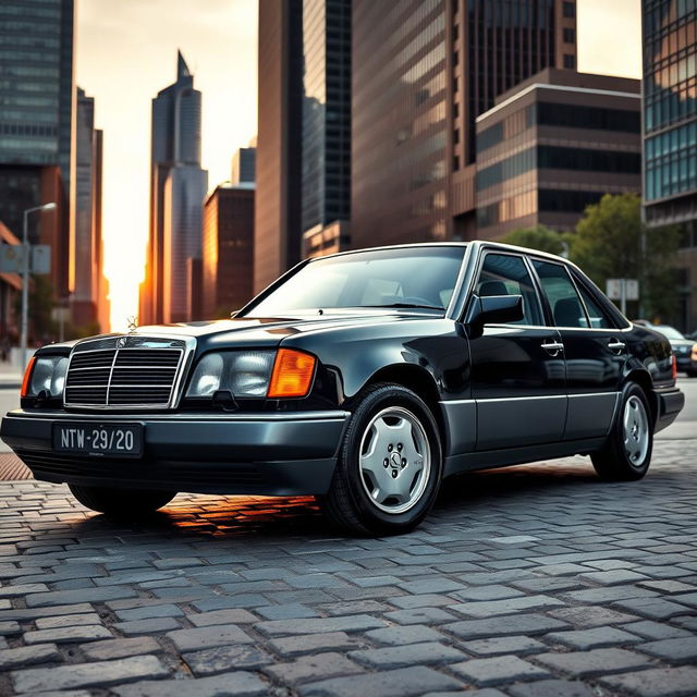 A 1990-1993 Mercedes-Benz E230, sleek and elegant business car, parked in a luxurious urban setting