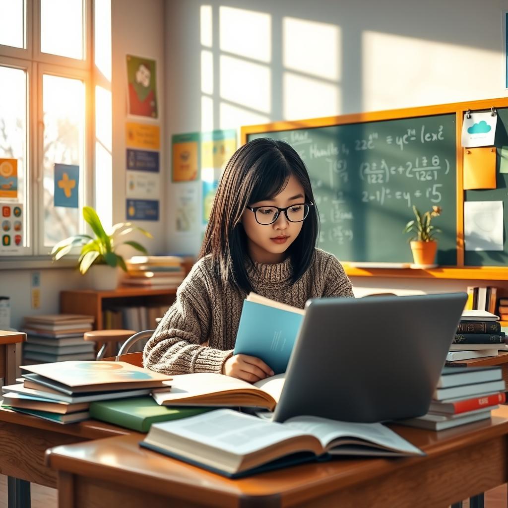 A vibrant classroom scene featuring a single student engaged in studying