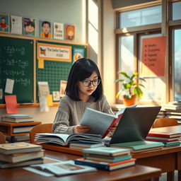 A vibrant classroom scene featuring a single student engaged in studying