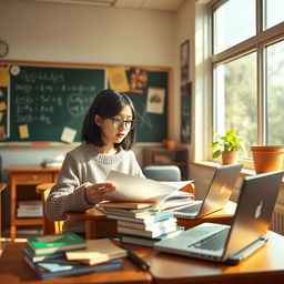 A vibrant classroom scene featuring a single student engaged in studying