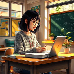 A vibrant classroom scene featuring a single student engaged in studying