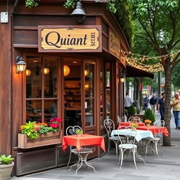 A charming restaurant exterior, featuring a rustic wooden facade with large glass windows showcasing a warm and inviting interior