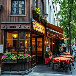 A charming restaurant exterior, featuring a rustic wooden facade with large glass windows showcasing a warm and inviting interior