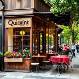 A charming restaurant exterior, featuring a rustic wooden facade with large glass windows showcasing a warm and inviting interior