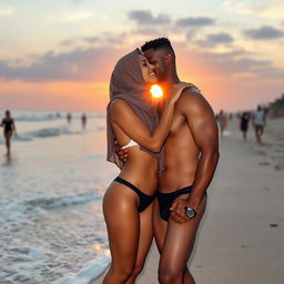 A romantic beach scene featuring a beautiful Asian girl wearing a hijab, stylishly paired with a G-string bikini, as she shares a sweet kiss with a handsome Black man