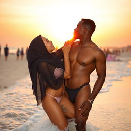 A romantic beach scene featuring a beautiful Asian girl wearing a hijab, stylishly paired with a G-string bikini, as she shares a sweet kiss with a handsome Black man