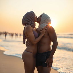 A romantic beach scene featuring a beautiful Asian girl wearing a hijab, stylishly paired with a G-string bikini, as she shares a sweet kiss with a handsome Black man