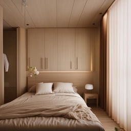 Design a cozy and comfortable bedroom with a total space of 10.65 square meters.