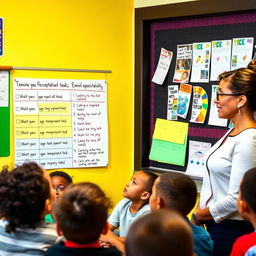 A vibrant classroom setting where a teacher uses an engaging visual presentation to remind students of their expectations for familiar tasks