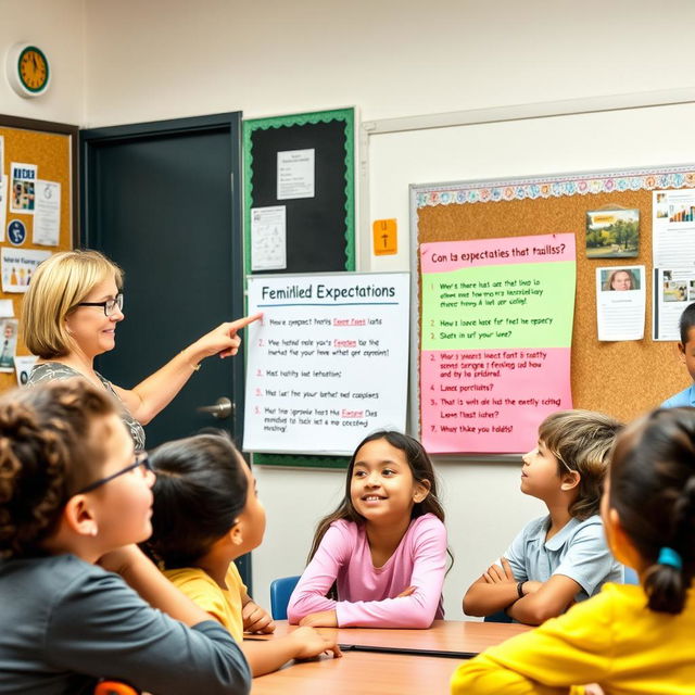 A vibrant classroom setting where a teacher uses an engaging visual presentation to remind students of their expectations for familiar tasks